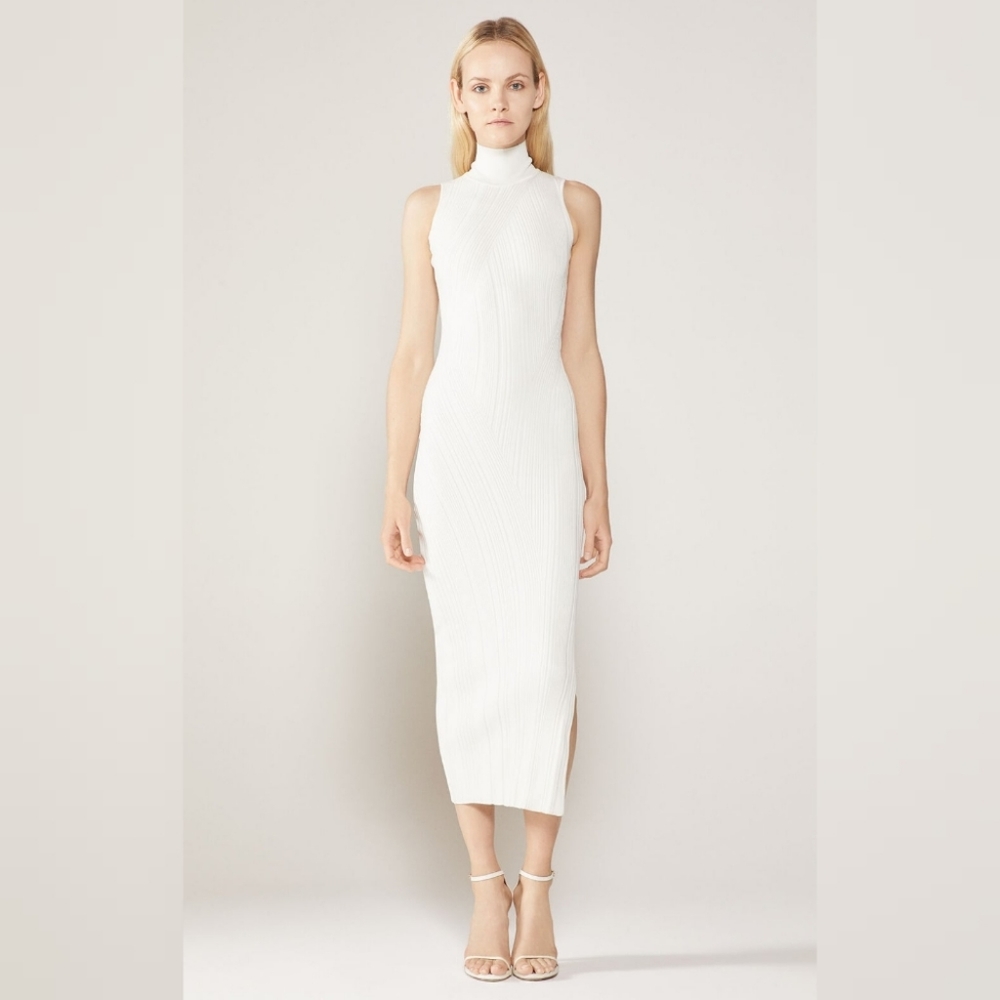 Herve Leger Rib Knit Turtleneck Dress in Alabaster